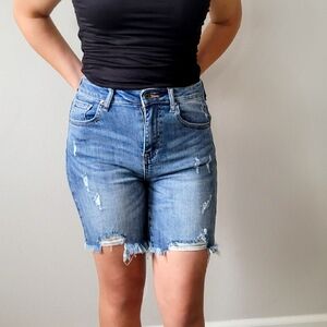 HIGH RISE MEDIUM WASH MID THIGH RISEN SHORTS S-3XL